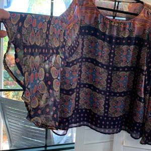 Sundance front lined see through black blouse. Wide flutter see through sleeves